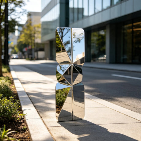 A mirror polished stacked geometric stainless steel sculpture sits on city sidewalk beside modern office building.