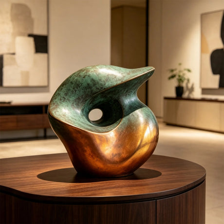 A gradient bronze organic sculpture in organic form stands on a wooden round table inside a modern room.