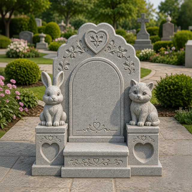 A gray granite animal tombstone with rabbit and cat statues sits in a cemetery garden.