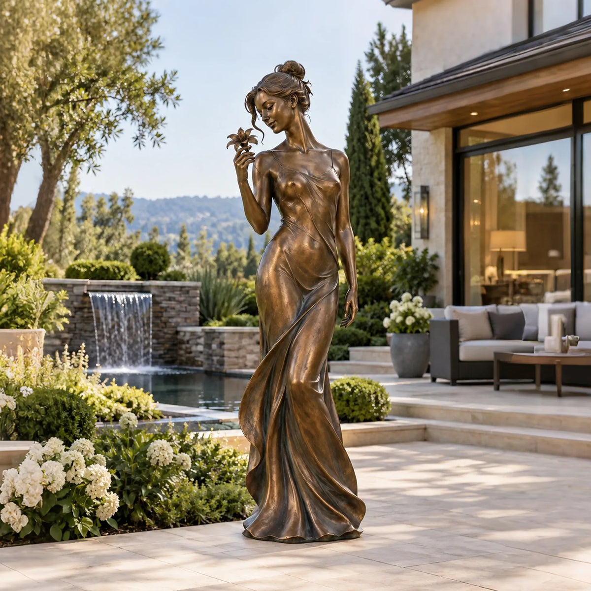 Bronze lady statue with a flower stands on a paved patio beside lush greenery.