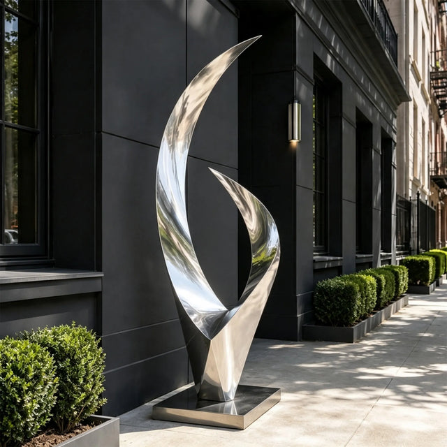 PREMIER High Polished Metal Sculpture with Curved Ribbon for Hotel Entrance, Town Square or Art Park PSSS-345-Stainless Steel Sculpture-PREMIER SCULPTURE