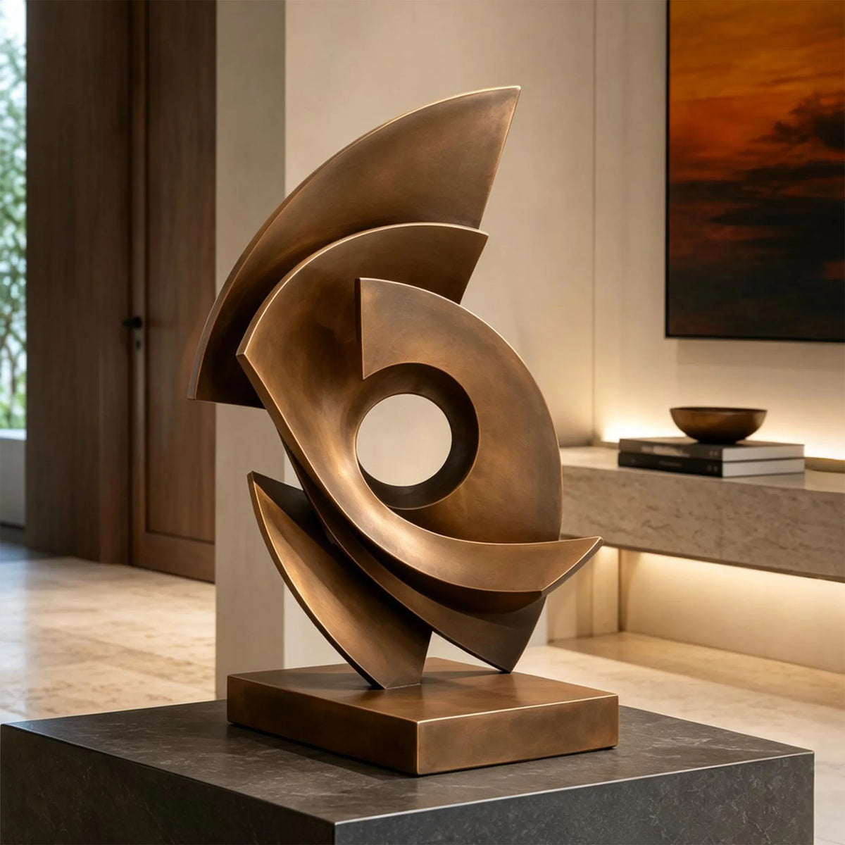 A modern bronze sculpture sits on a display stand inside a home interior.