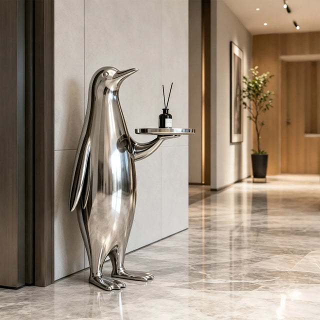 PREMIER Stainless Steel Penguin Sculpture with Tray for Hallway, foyer or Parlor PSSS-338-Stainless Steel Sculpture-PREMIER SCULPTURE
