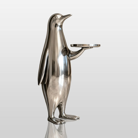 PREMIER Indoor Large Stainless Steel Penguin Sculpture with Tray for Hallway, foyer or Parlor PSSS-338-Stainless Steel Sculpture-PREMIER SCULPTURE