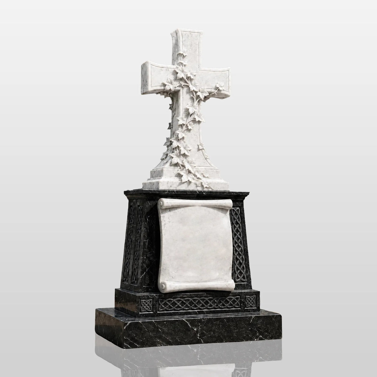 White ivy marble cross headstone with blank scroll plaque sits on black granite base amid gray tombstones in a sunlit cemetery.