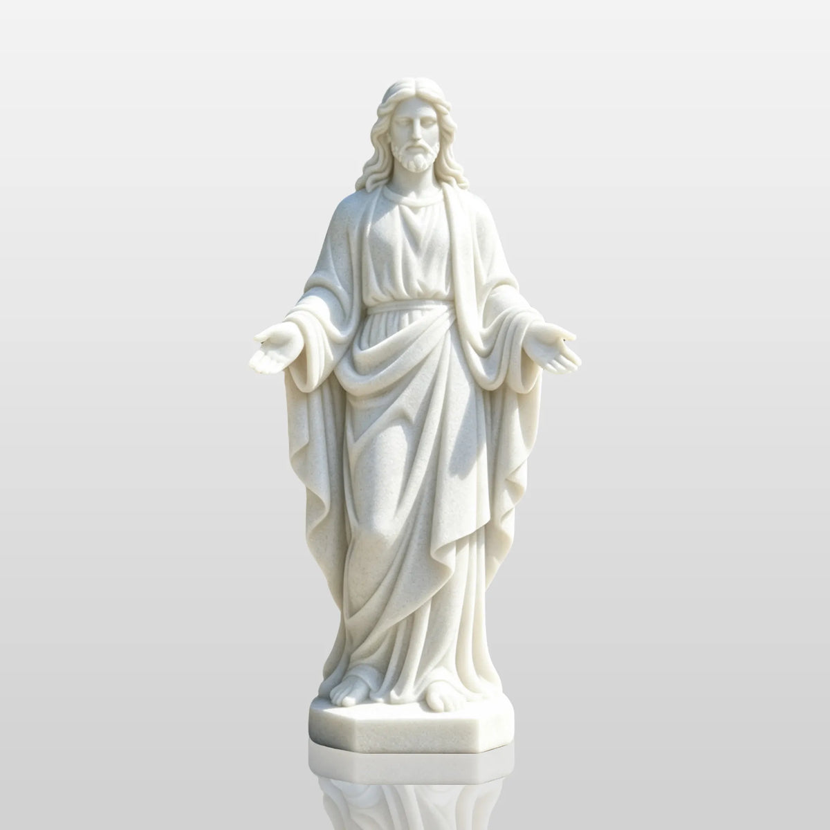 A white marble Jesus statue with open hands stands on the pavement in front of a church entrance.