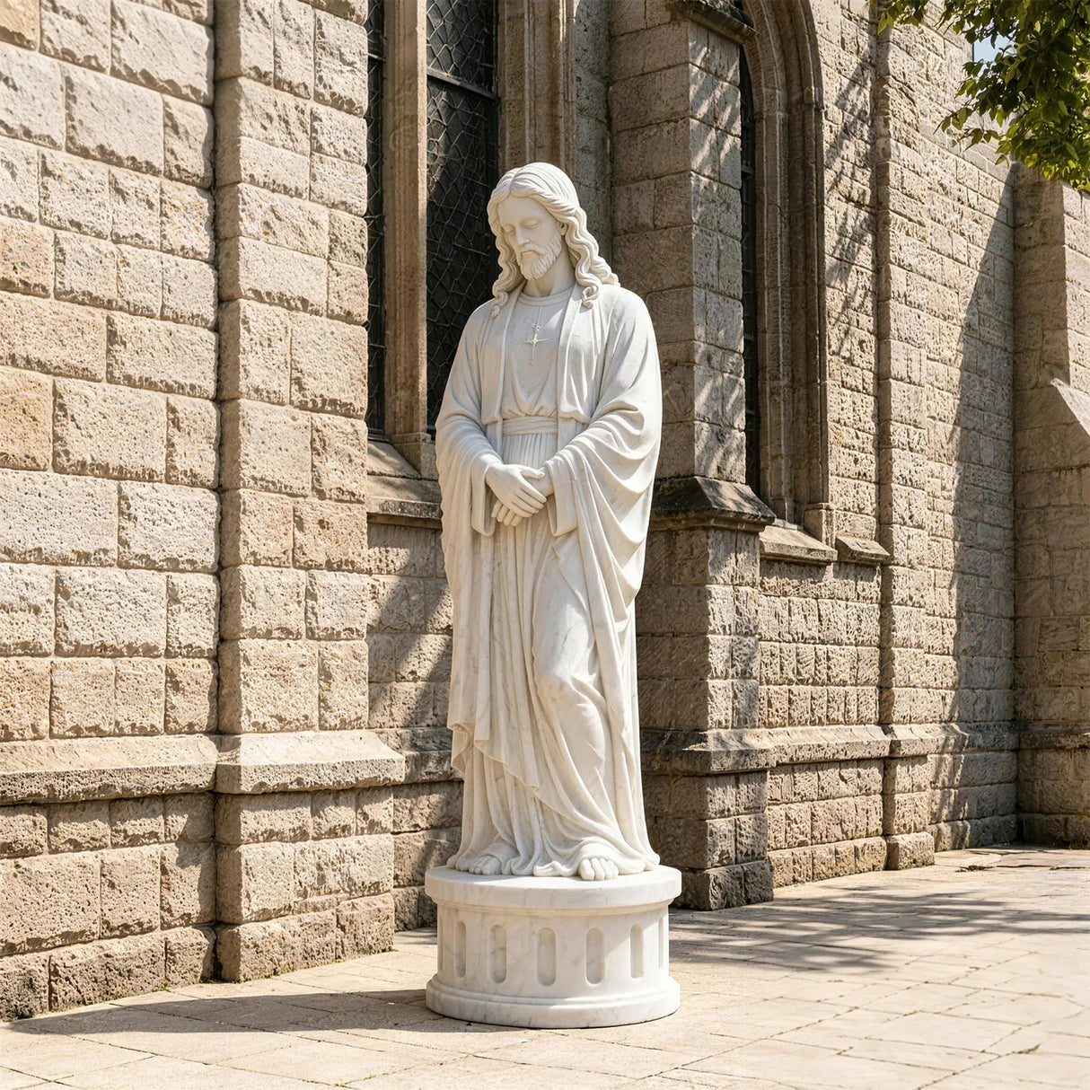 White marble Jesus statue stands on stone pavement beside a church building.