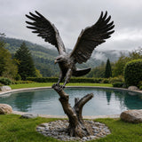 Large bronze eagle statue stands on grass beside a curved backyard swimming pool.