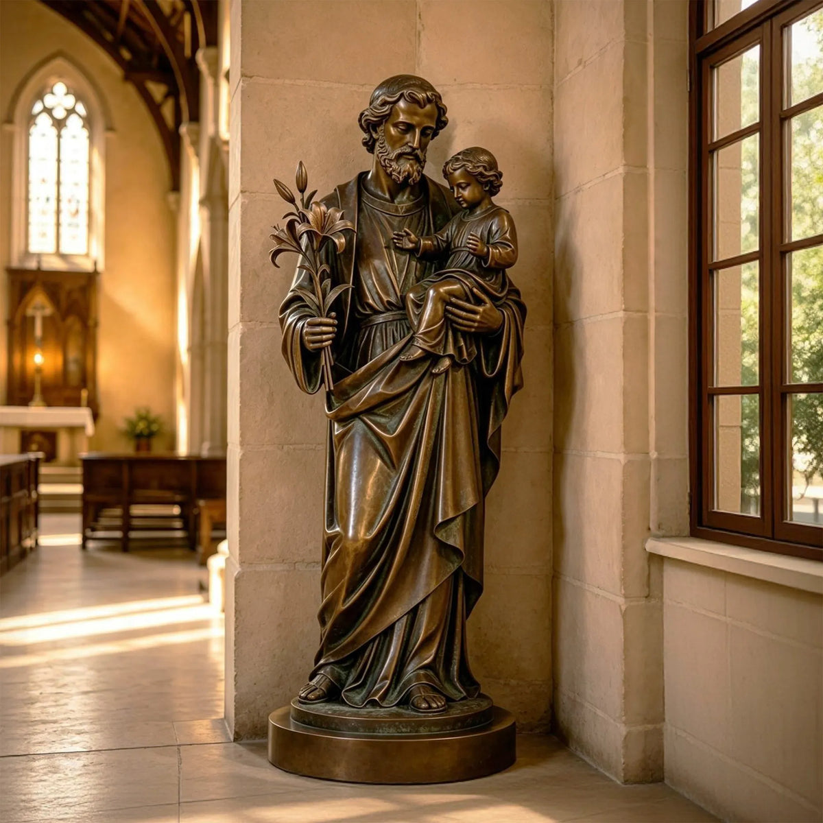 A bronze saint Joseph statue with baby Jesus and lilies stands inside a church hall.