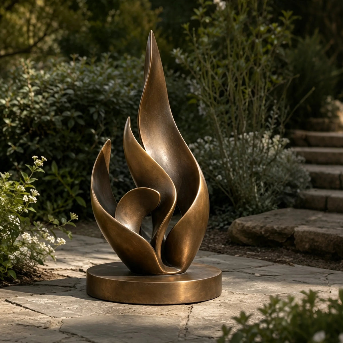 A bronze layered flame sculpture rests on stone walkway amid lush garden plants.