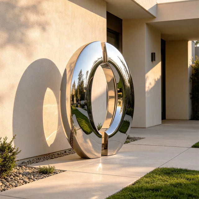 Polished split ring stainless steel sculpture stands on the pavement beside a residential building.