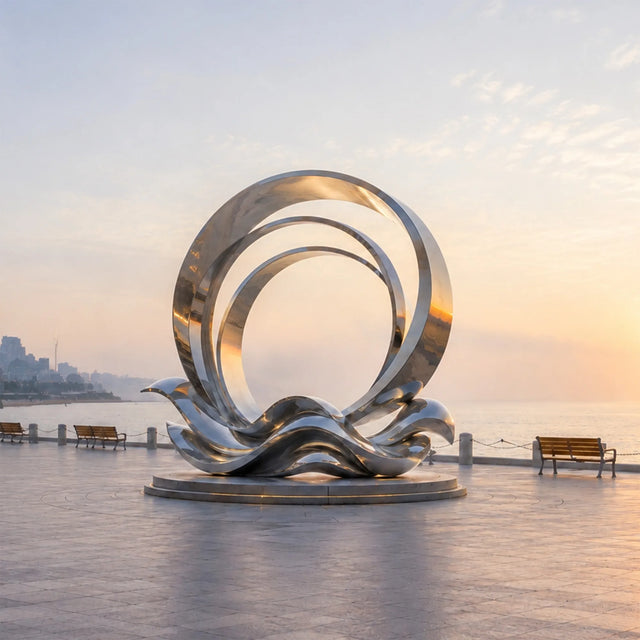 The stainless steel ring wave sculpture stands on the seaside plaza at sunrise.
