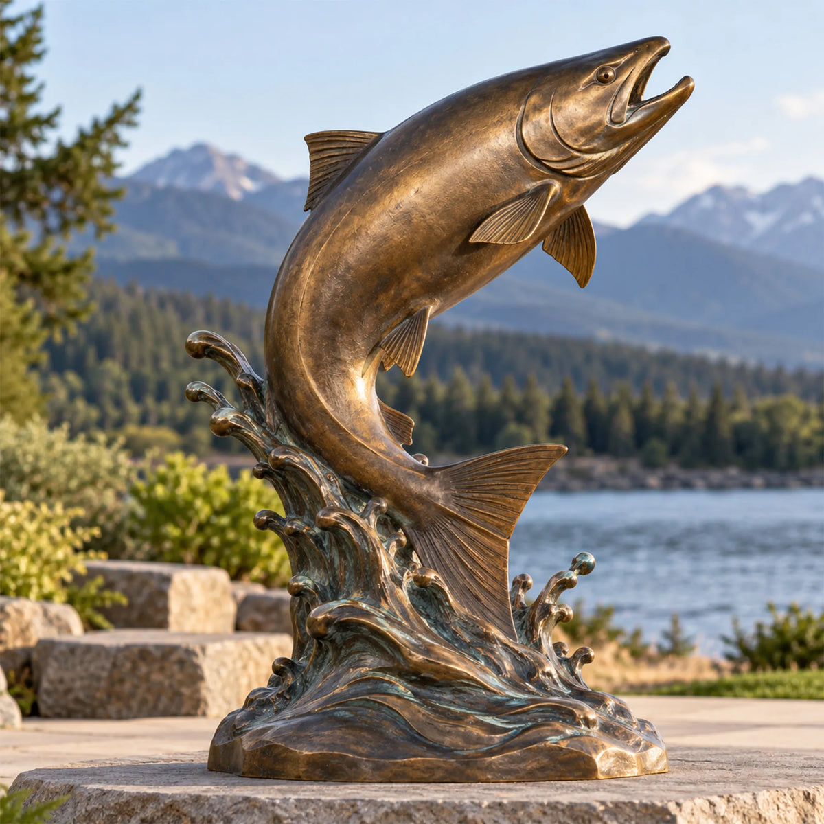 A bronze leaping salmon statue with wave base sits on the ground in front of lake and mountains.