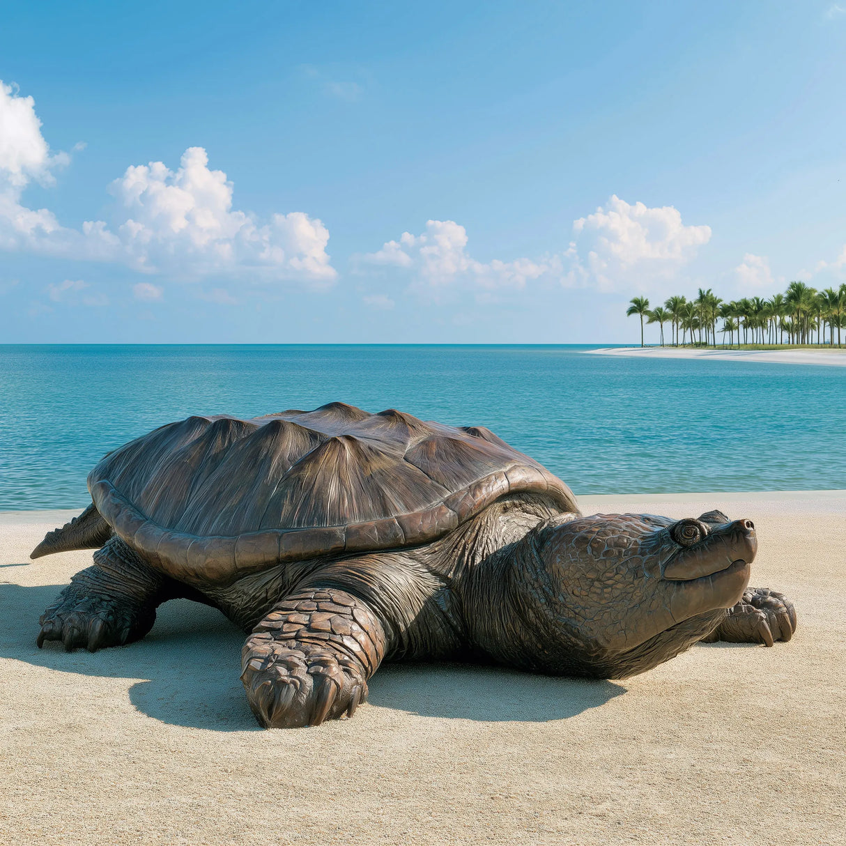 A large bronze turtle statue rests smoothly on beach sand against blue ocean scenery.