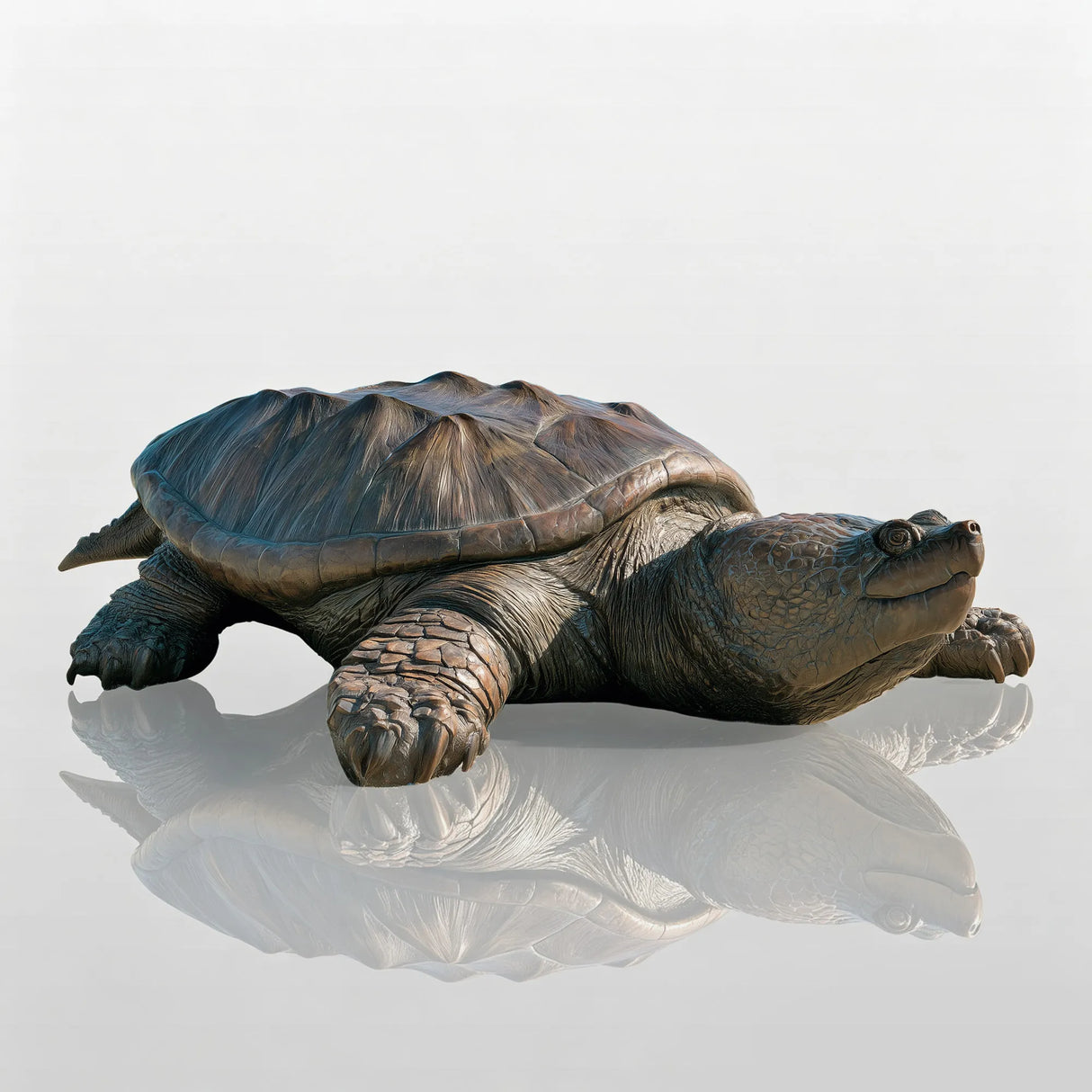 A large bronze turtle statue rests smoothly on beach sand against blue ocean scenery.