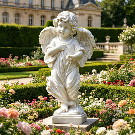 PREMIER Lovely Figure Marble Statue with Classic Baby Angel Design for Flower Beds, Gardens or Courtyards PSM-114-Marble sculpture-PREMIER SCULPTURE