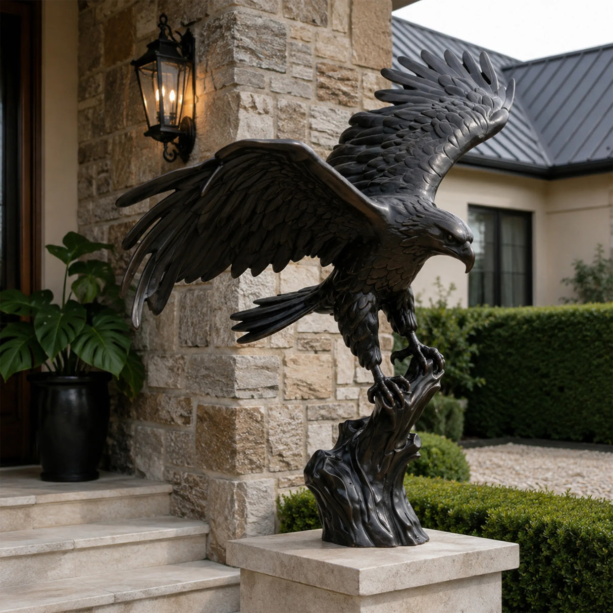 Dark bronze eagle statue perches on a stone pedestal near a home entrance.
