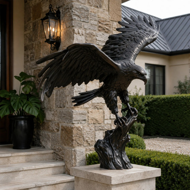 Dark bronze eagle statue perches on a stone pedestal near a home entrance.