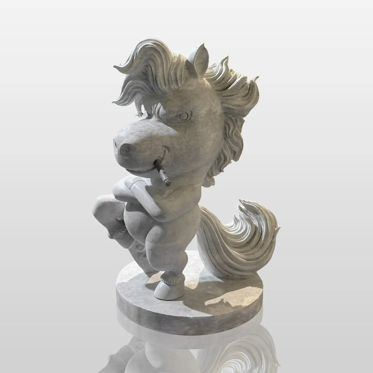 A playful cartoon horse marble sculpture stands inside a bright minimalist art gallery with track ceiling lighting.