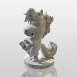 A playful cartoon horse marble sculpture stands inside a bright minimalist art gallery with track ceiling lighting.