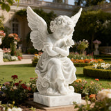 PREMIER Marble Cherub Angel Sculpture Holding a Flower for Gardens, Courtyards, Memorial Spaces, and Villas PSM-084-Marble sculpture-PREMIER SCULPTURE