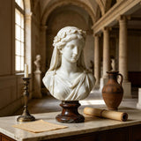 Marble veiled female bust sits on a marble table inside columned classical gallery hall.