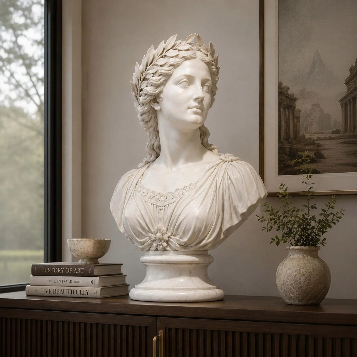 A white classical marble bust statue sits on a dark wooden sideboard beside stacked books and small potted greenery in a soft lit interior room.