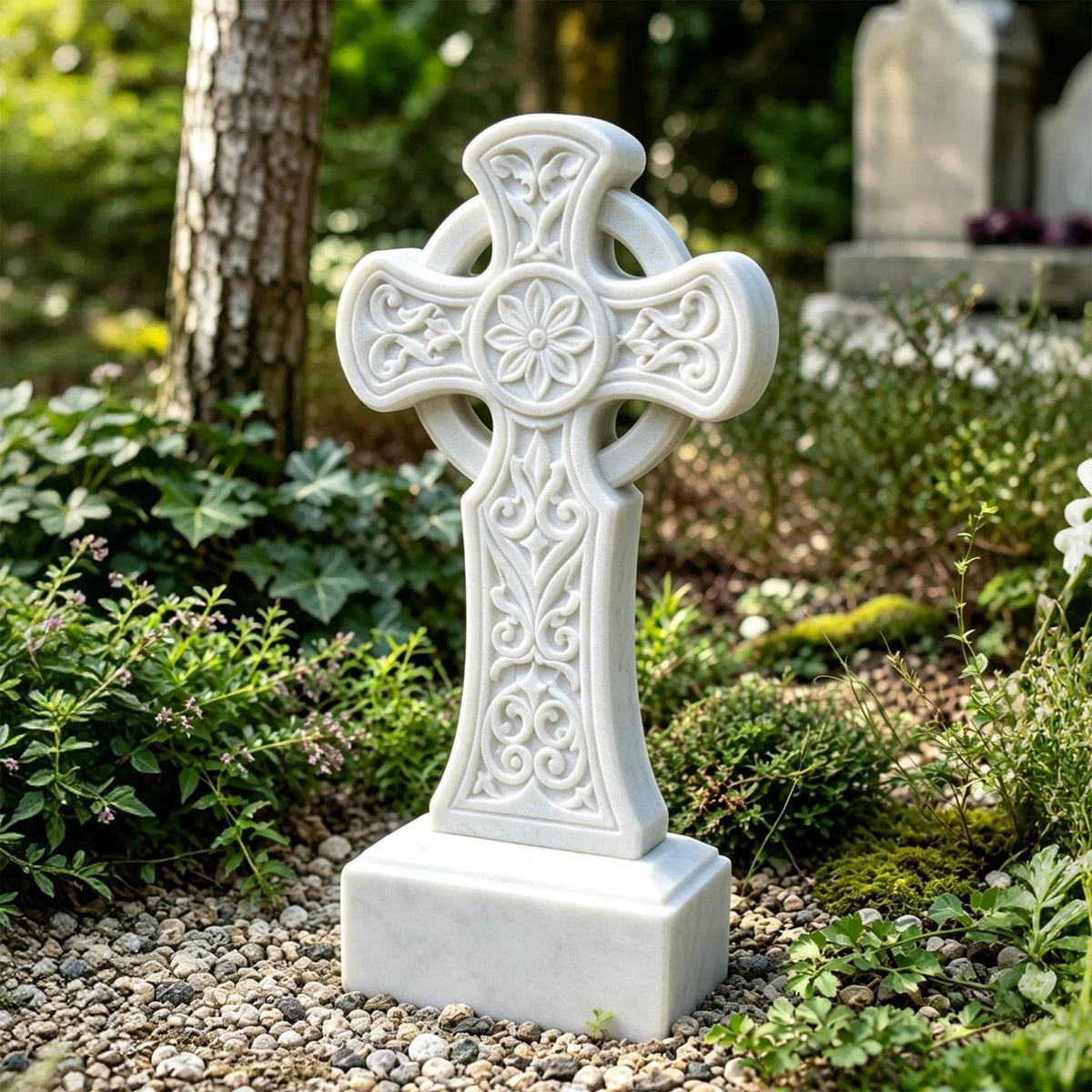 A white marble Celtic cross headstone rests on gravel among green plants.
