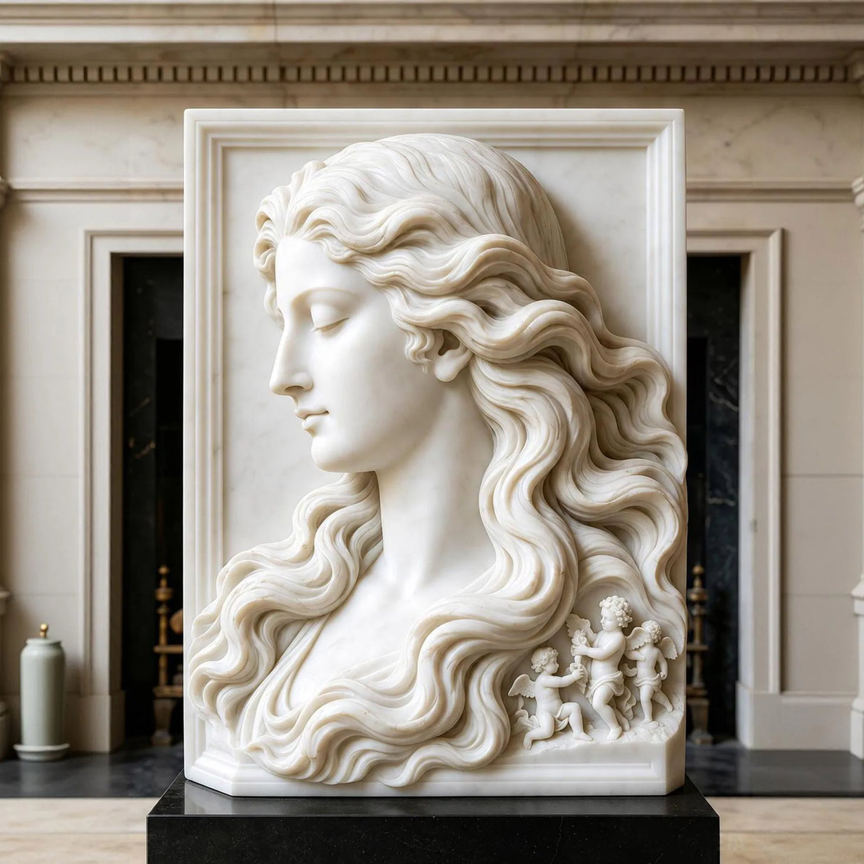 Marble relief with lady and cherubs sits in an elegant interior hall.