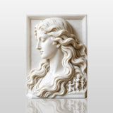Marble relief with lady and cherubs sits in an elegant interior hall.