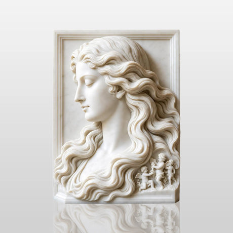 Marble relief with lady and cherubs sits in an elegant interior hall.