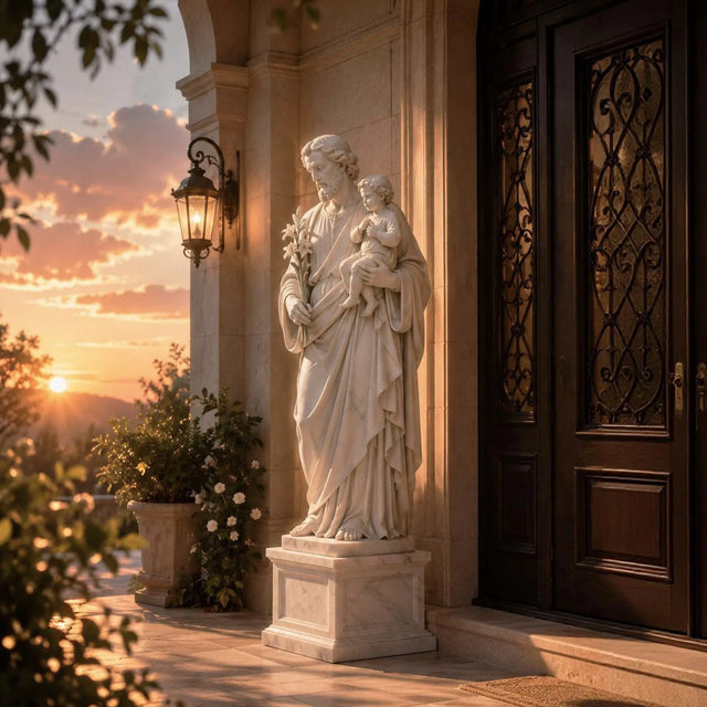 White marble Saint Joseph statue holding lilies and infant Jesus stands beside arched villa entrance under sunset sky.