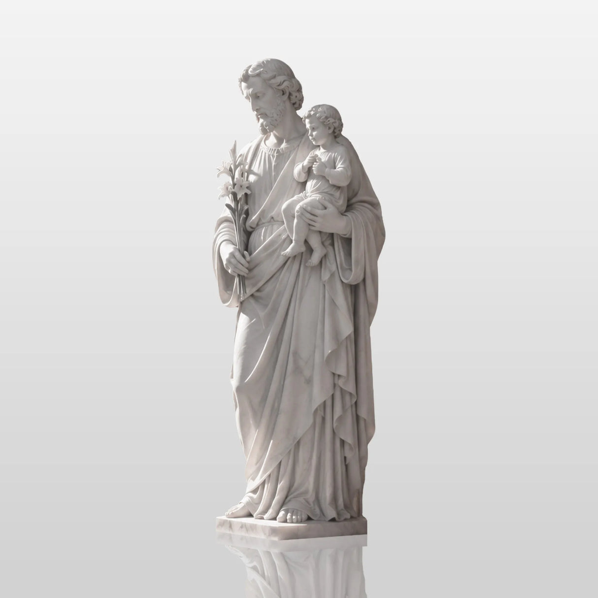 White marble Saint Joseph statue holding lilies and infant Jesus stands beside arched villa entrance under sunset sky.