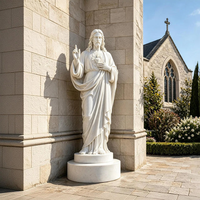 Marble Sacred Heart of Jesus statue stands near a stone church.