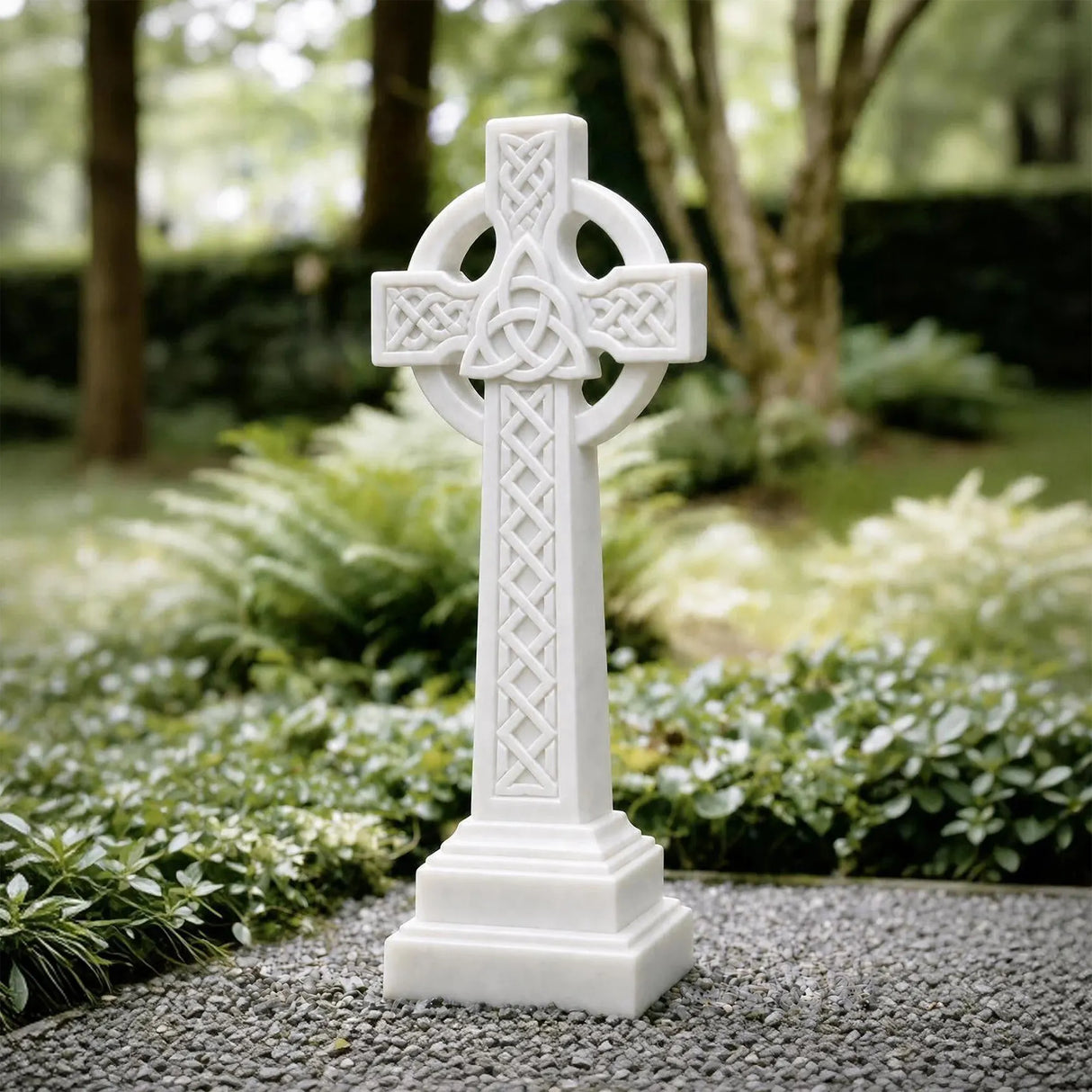 White marble Celtic cross tombstone stands on gravel ground surrounded by green plants.