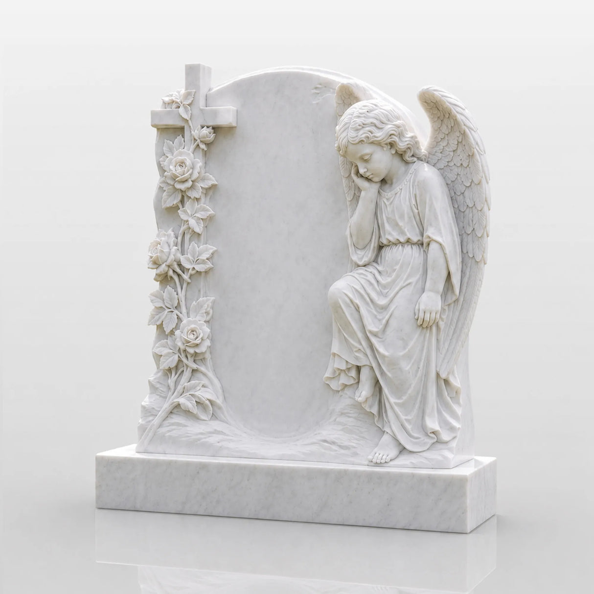 PREMIER Marble Tombstone with Cherub Cross Design for Lawn Cemetery, Memorial Park or Country Churchyard PSM-182-Marble sculpture-PREMIER SCULPTURE