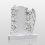 PREMIER Marble Tombstone with Cherub Cross Design for Lawn Cemetery, Memorial Park or Country Churchyard PSM-182-Marble sculpture-PREMIER SCULPTURE