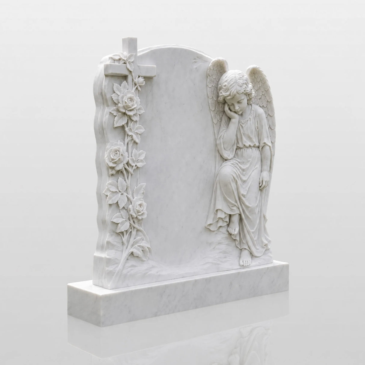 PREMIER Marble Tombstone with Cherub Cross Design for Lawn Cemetery, Memorial Park or Country Churchyard PSM-182-Marble sculpture-PREMIER SCULPTURE