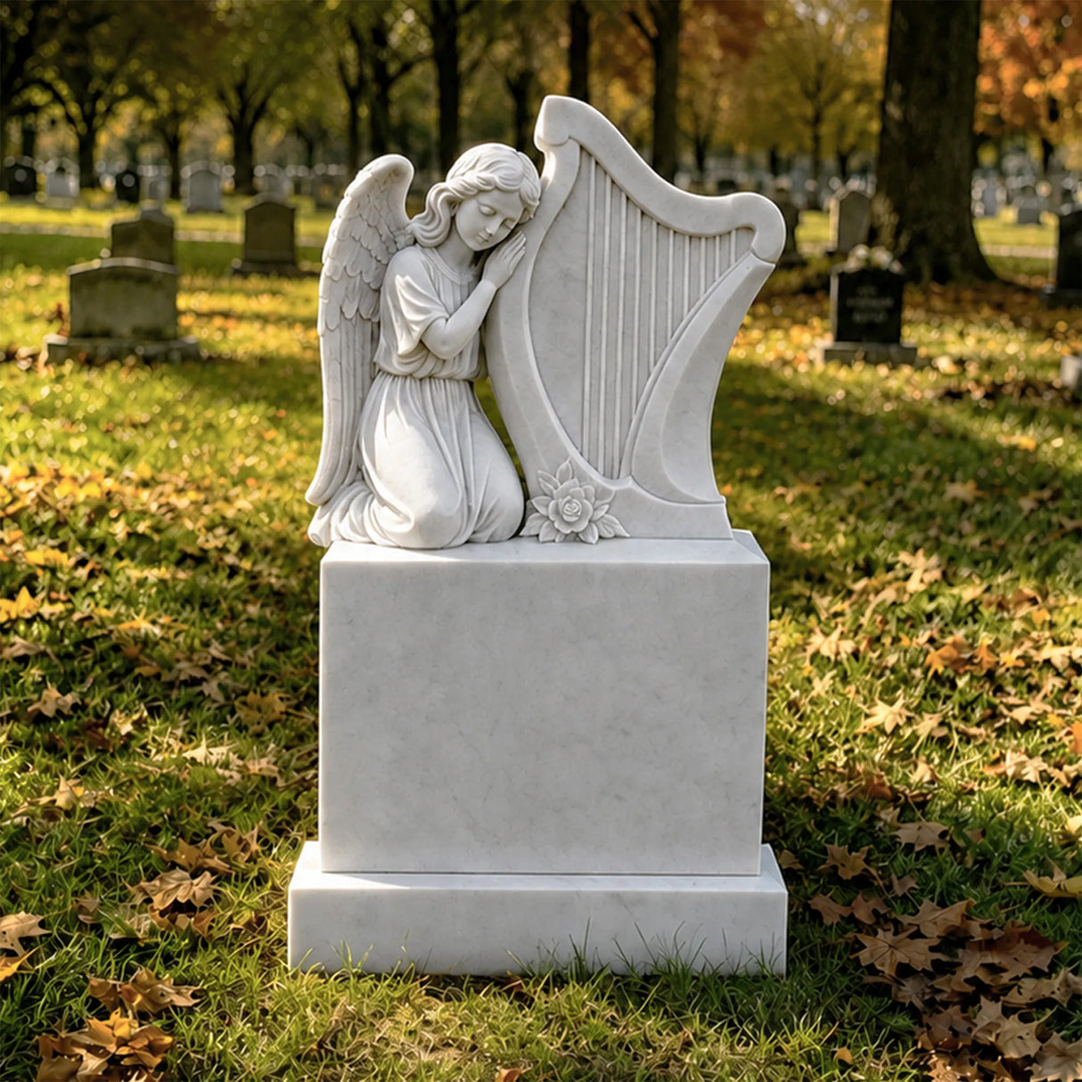 PREMIER Marble Tombstone with Kneeling Angel and Harp Design for Lawn Monument Lot or Green Cemetery PSM-184-Marble sculpture-PREMIER SCULPTURE
