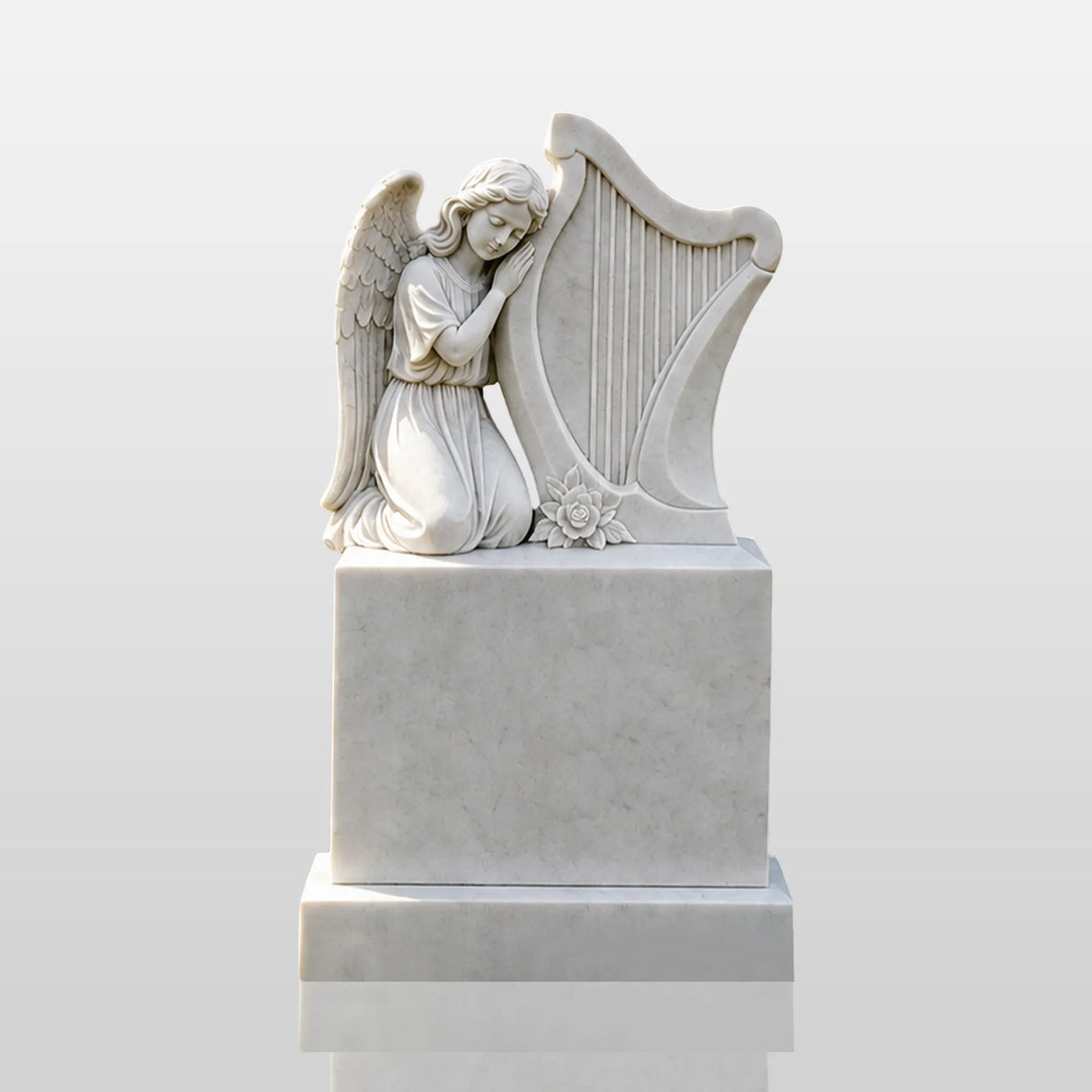 PREMIER Marble Tombstone with Kneeling Angel and Harp Design for Lawn Monument Lot or Green Cemetery PSM-184-Marble sculpture-PREMIER SCULPTURE