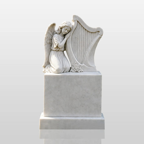 PREMIER Marble Tombstone with Kneeling Angel and Harp Design for Lawn Monument Lot or Green Cemetery PSM-184-Marble sculpture-PREMIER SCULPTURE