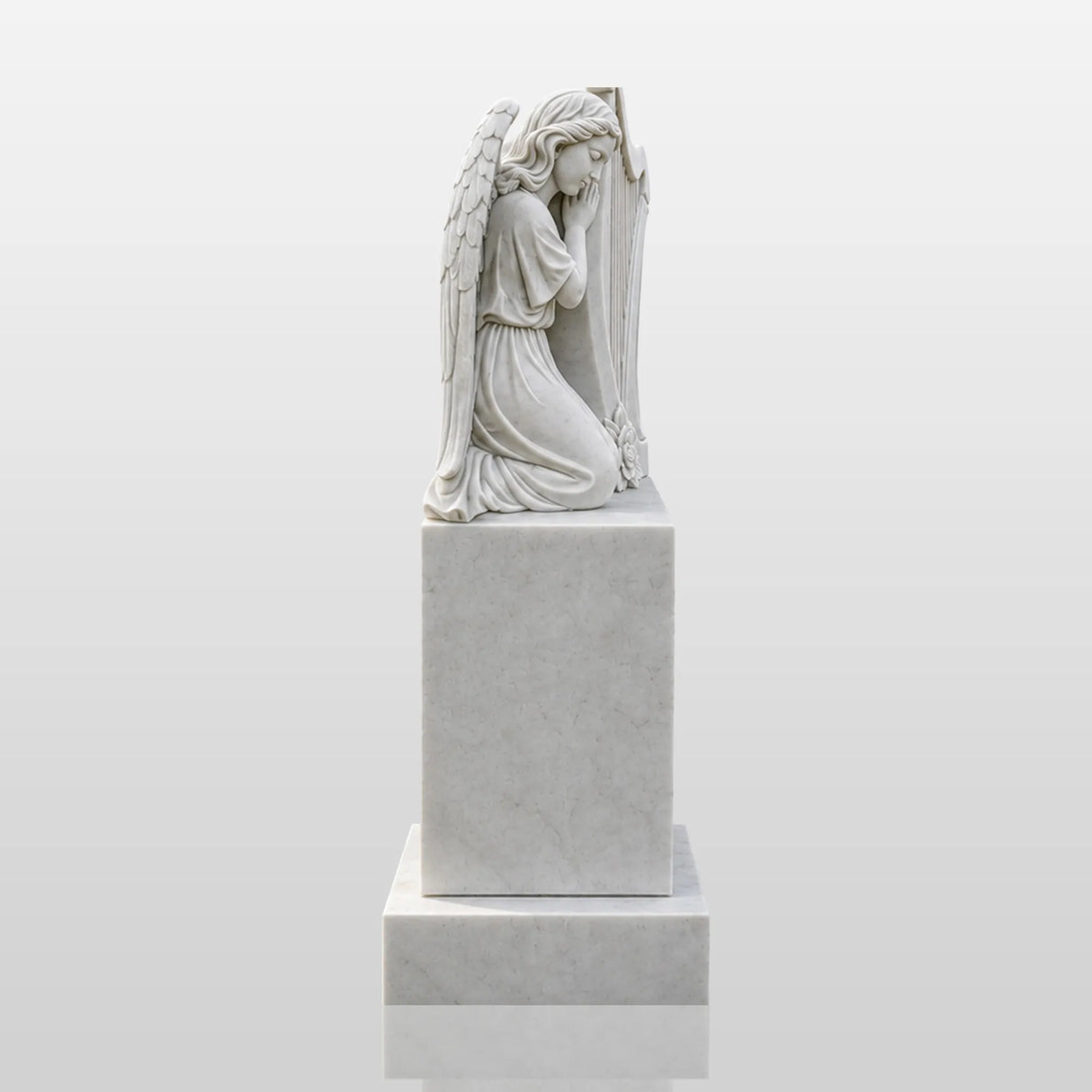 PREMIER Marble Tombstone with Kneeling Angel and Harp Design for Lawn Monument Lot or Green Cemetery PSM-184-Marble sculpture-PREMIER SCULPTURE