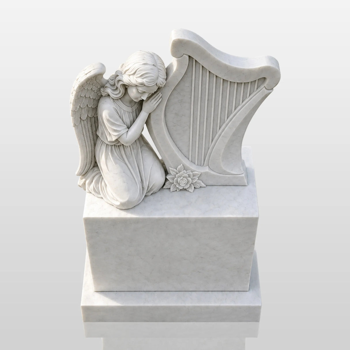 PREMIER Marble Tombstone with Kneeling Angel and Harp Design for Lawn Monument Lot or Green Cemetery PSM-184-Marble sculpture-PREMIER SCULPTURE