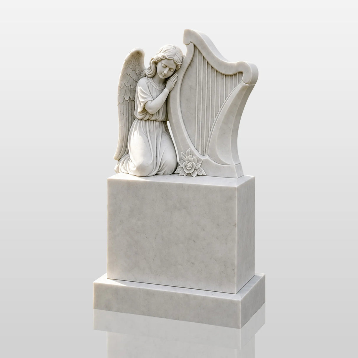PREMIER Marble Tombstone with Kneeling Angel and Harp Design for Lawn Monument Lot or Green Cemetery PSM-184-Marble sculpture-PREMIER SCULPTURE