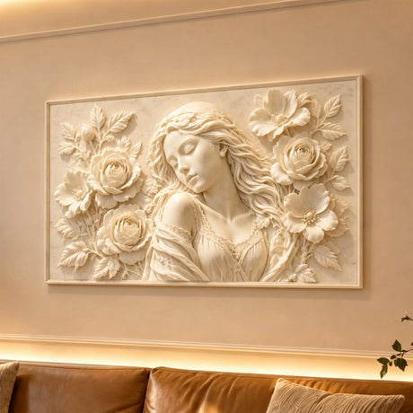 White marble wall relief sculpture of a woman with roses hangs above leather sofa on warm interior wall.