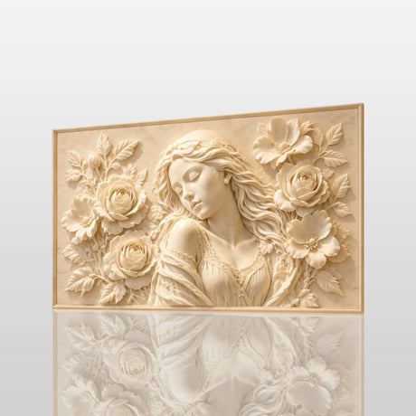 White marble wall relief sculpture of a woman with roses hangs above leather sofa on warm interior wall.