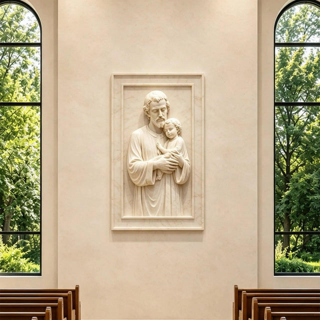 Marble relief of Saint Joseph and child Jesus hangs inside bright chapel.