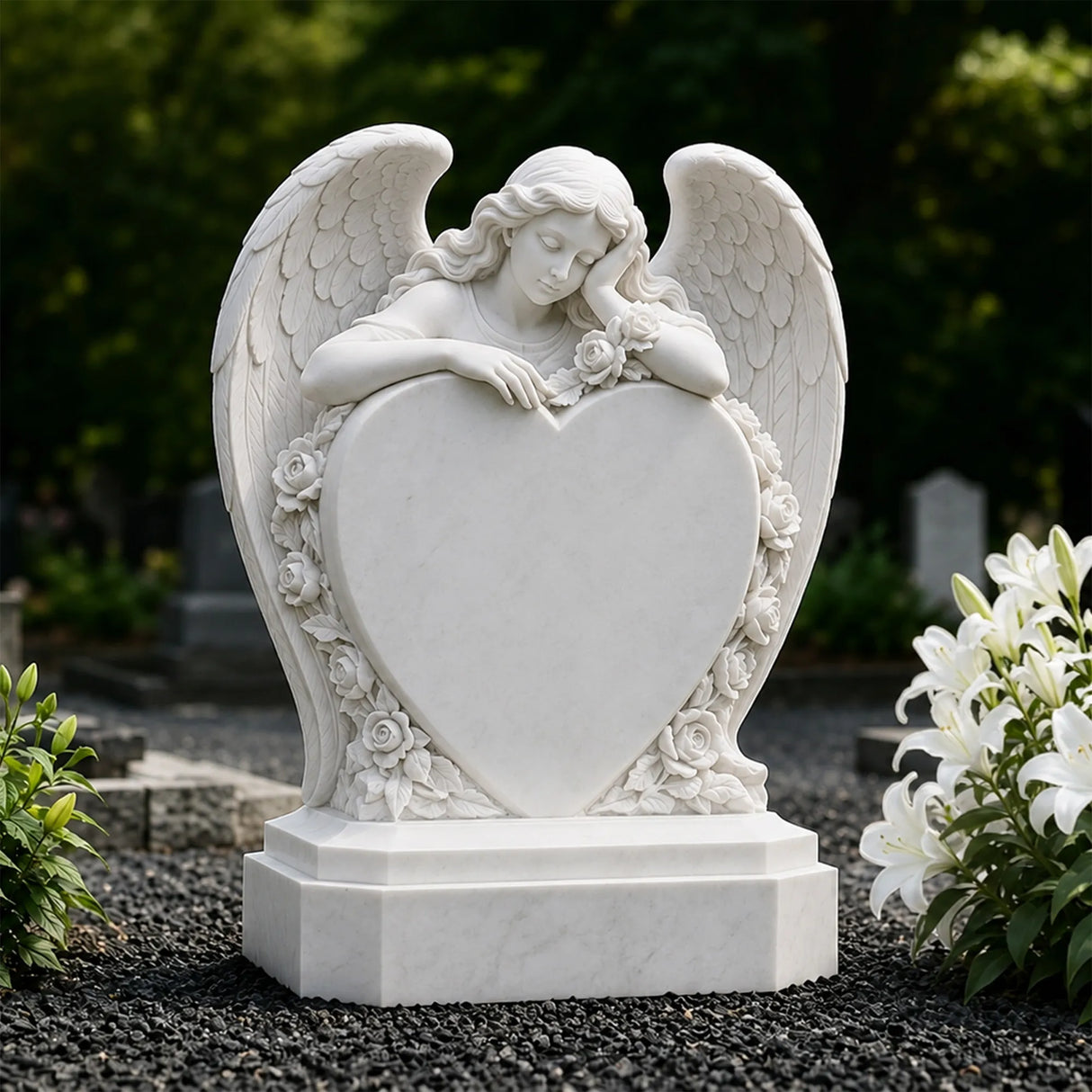 White marble tombstone carved with angel, roses and central blank heart stands on the black gravel cemetery ground.