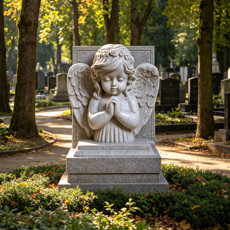 A carved marble praying cherub tombstone sits on layered stone steps amid green shrubs and tall trees inside a quiet cemetery.