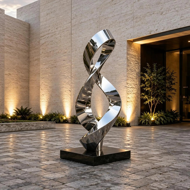 A shiny stainless steel sculpture with infinity loop design stands on paved ground outside a building.
